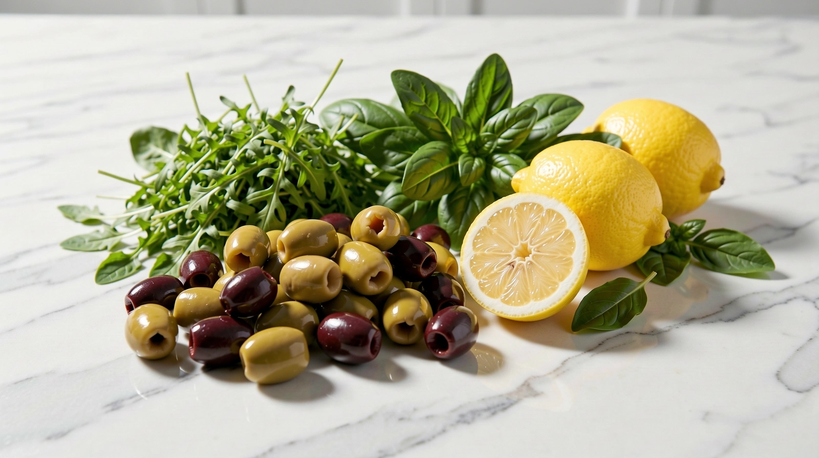 Scena di cucina luminosa con ingredienti freschi